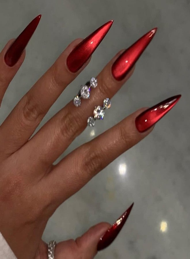 TOGZOM Red Press on Nails Long Stiletto Fake Nails Red Cat Eye False Nails with Design Glitter Glue on Nails Full Cover Stick on Nail Shiny Artificial Acrylic Nail for Women Manicure 24Pcs - Image 1